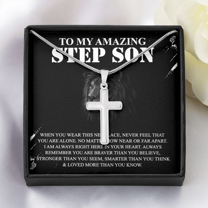 To My Amazing Step Son - Artisan Cross Necklace with Snake Chain - Braver and Stronger - The Love Sparkle