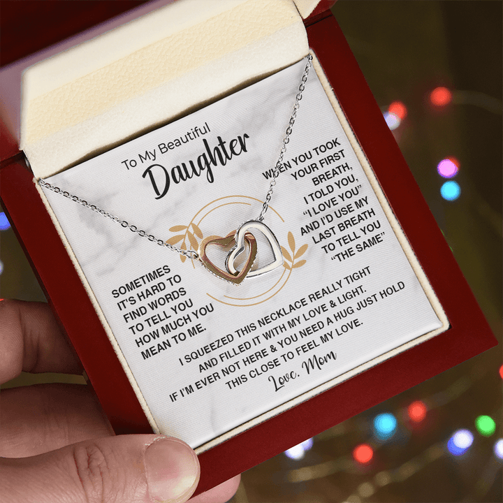 To My Beautiful Daughter - Interlocking Heart Necklace - "First Breath to Last" - The Love Sparkle