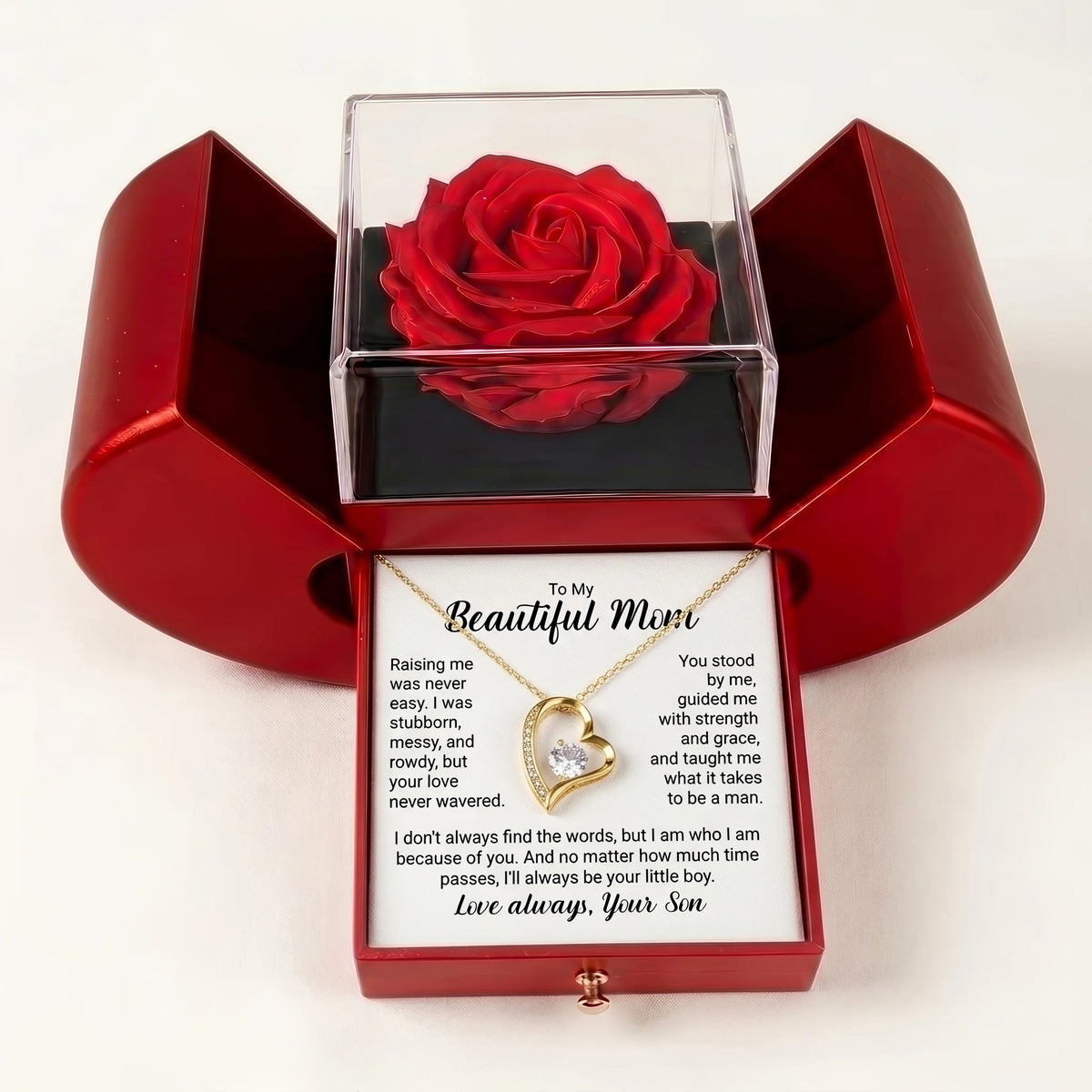 "To My Beautiful Mom, I'll Always Be Your Little Boy" Forever Love Necklace with Red Rose Box – Gift from Son - The Love Sparkle