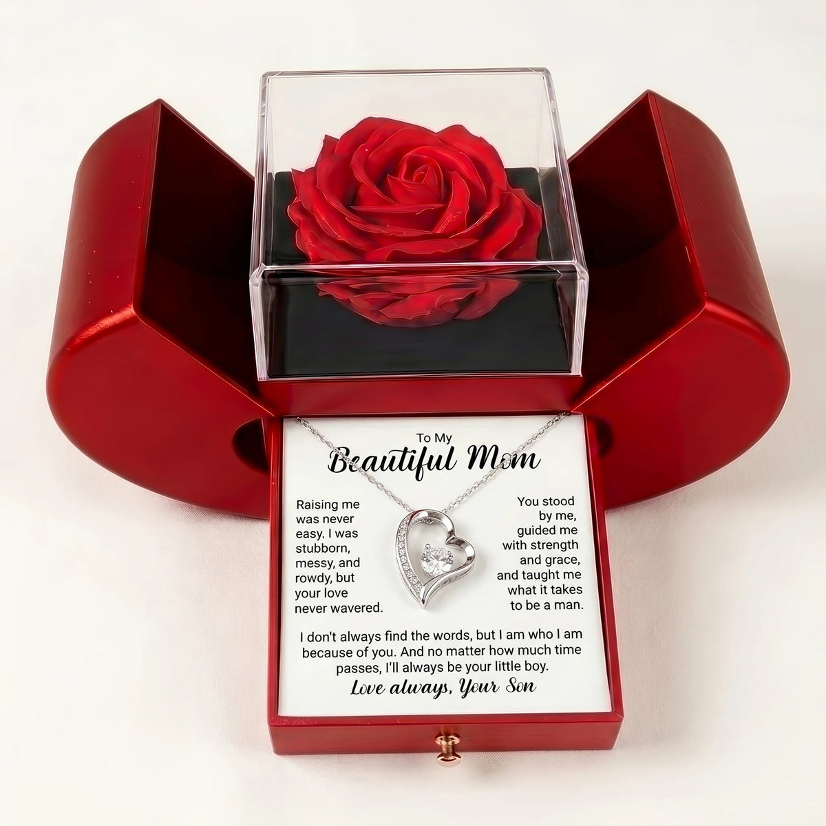"To My Beautiful Mom, I'll Always Be Your Little Boy" Forever Love Necklace with Red Rose Box – Gift from Son - The Love Sparkle
