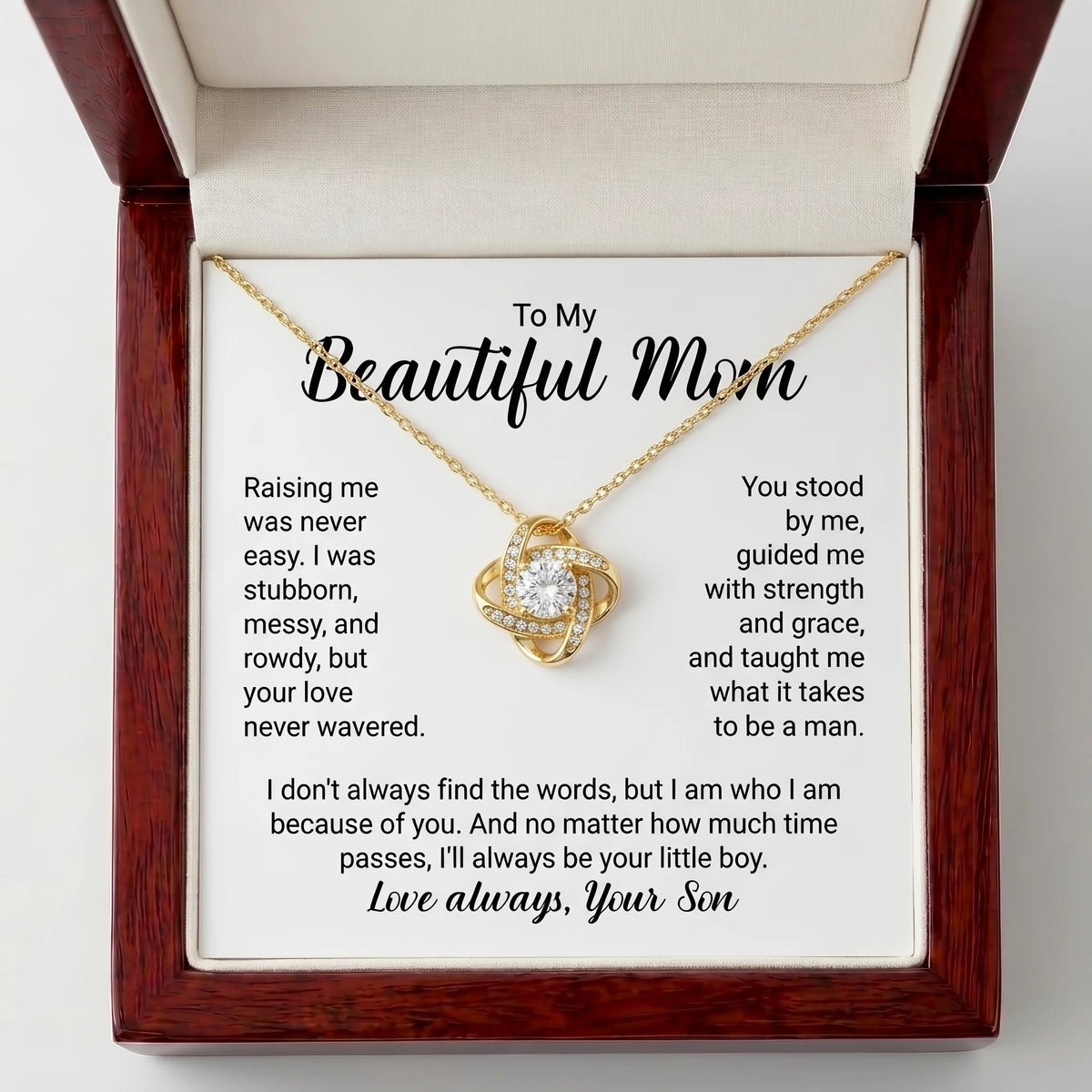 "To My Beautiful Mom, I'll Always Be Your Little Boy" Love Knot Necklace – Meaningful Gift from Son - The Love Sparkle