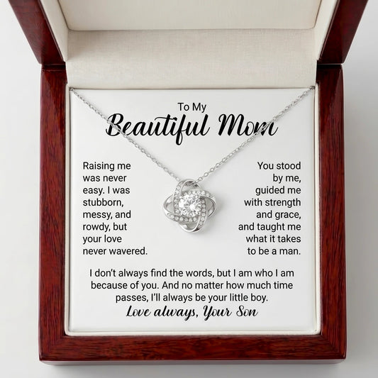 "To My Beautiful Mom, I'll Always Be Your Little Boy" Love Knot Necklace – Meaningful Gift from Son - The Love Sparkle