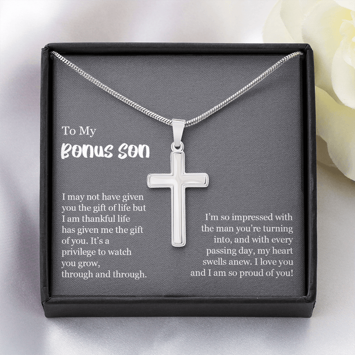 To My Bonus Son Gift - Artisan Cross Necklace with Snake Chain - "So Proud of You" - The Love Sparkle