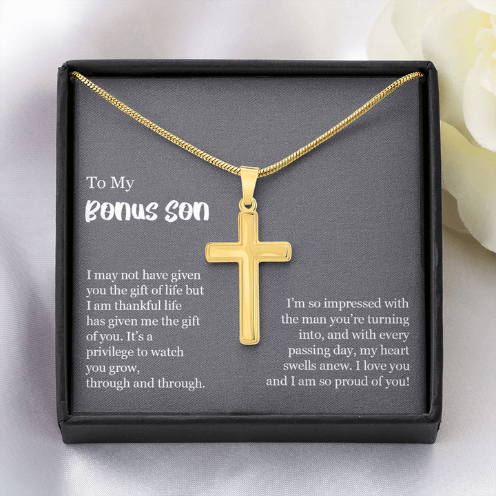 To My Bonus Son Gift - Artisan Cross Necklace with Snake Chain - "So Proud of You" - The Love Sparkle