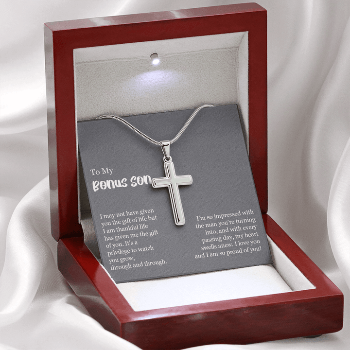 To My Bonus Son Gift - Artisan Cross Necklace with Snake Chain - "So Proud of You" - The Love Sparkle