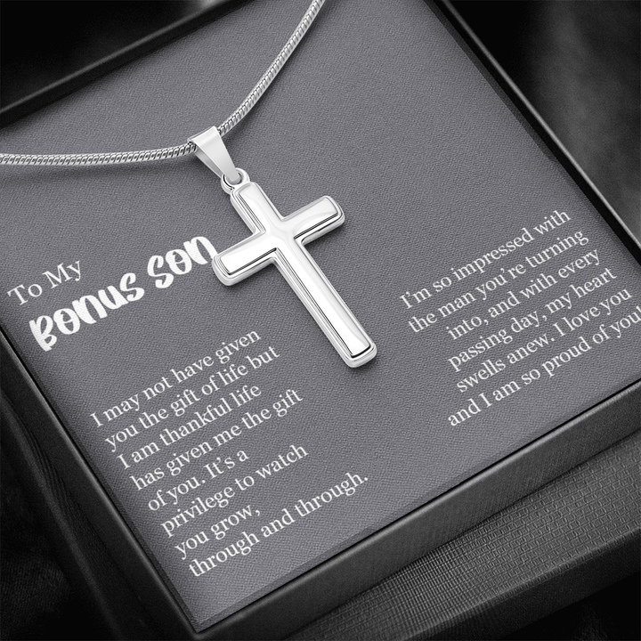 To My Bonus Son Gift - Artisan Cross Necklace with Snake Chain - "So Proud of You" - The Love Sparkle