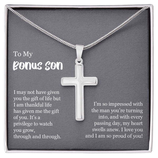 To My Bonus Son Gift - Artisan Cross Necklace with Snake Chain - "So Proud of You" - The Love Sparkle