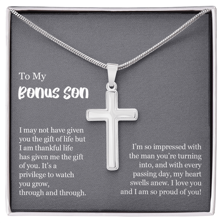 To My Bonus Son Gift - Artisan Cross Necklace with Snake Chain - "So Proud of You" - The Love Sparkle