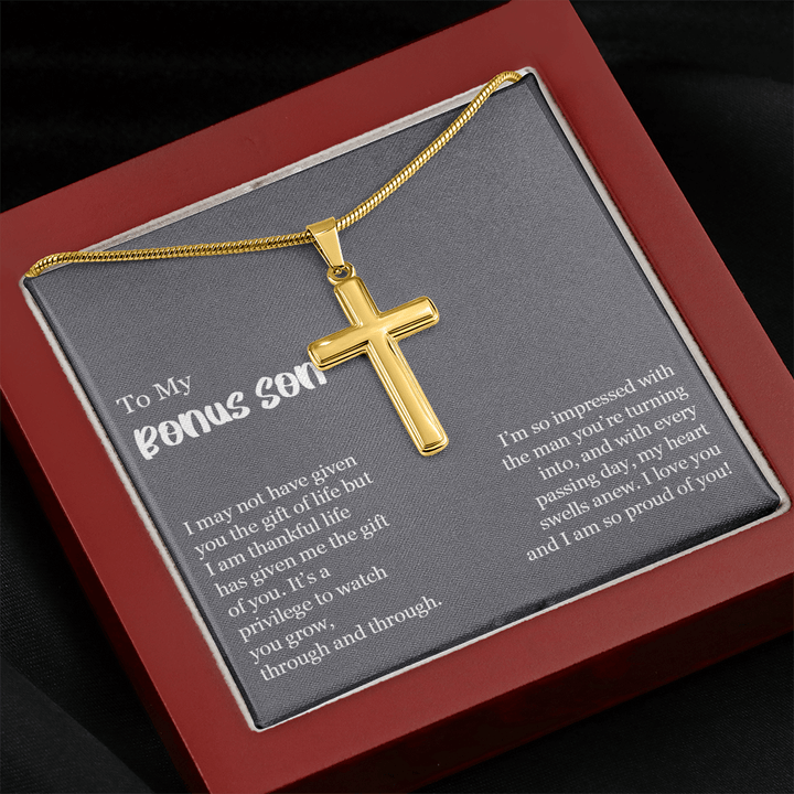 To My Bonus Son Gift - Artisan Cross Necklace with Snake Chain - "So Proud of You" - The Love Sparkle