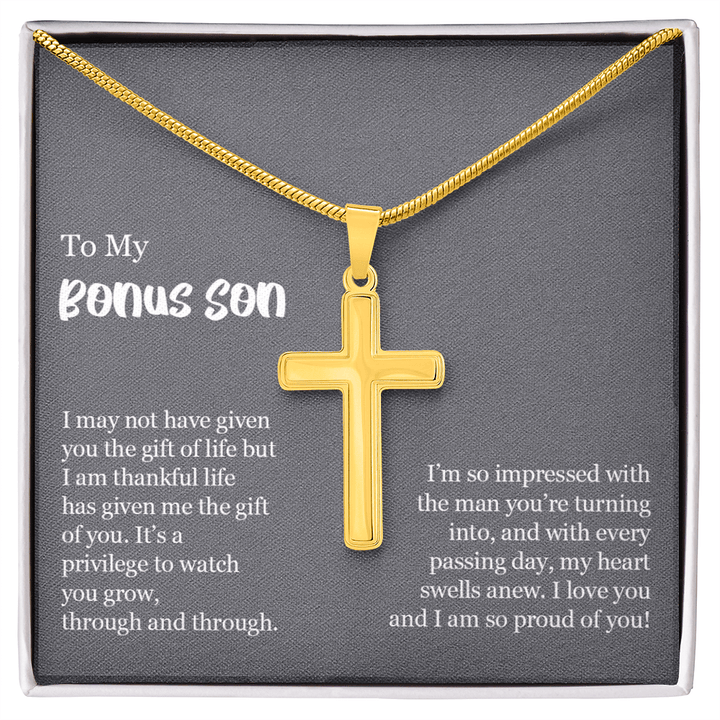 To My Bonus Son Gift - Artisan Cross Necklace with Snake Chain - "So Proud of You" - The Love Sparkle
