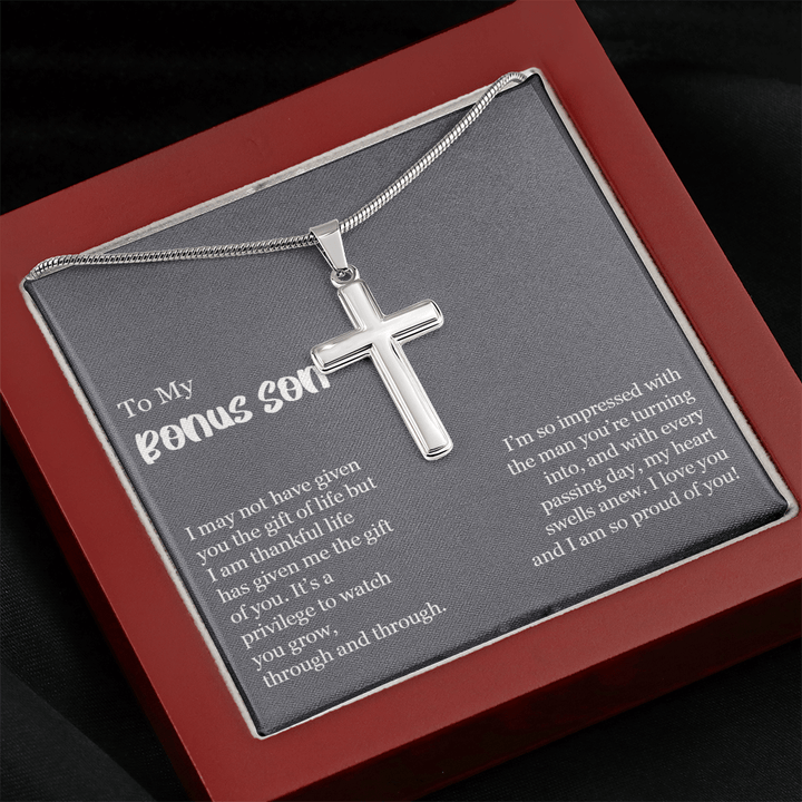 To My Bonus Son Gift - Artisan Cross Necklace with Snake Chain - "So Proud of You" - The Love Sparkle