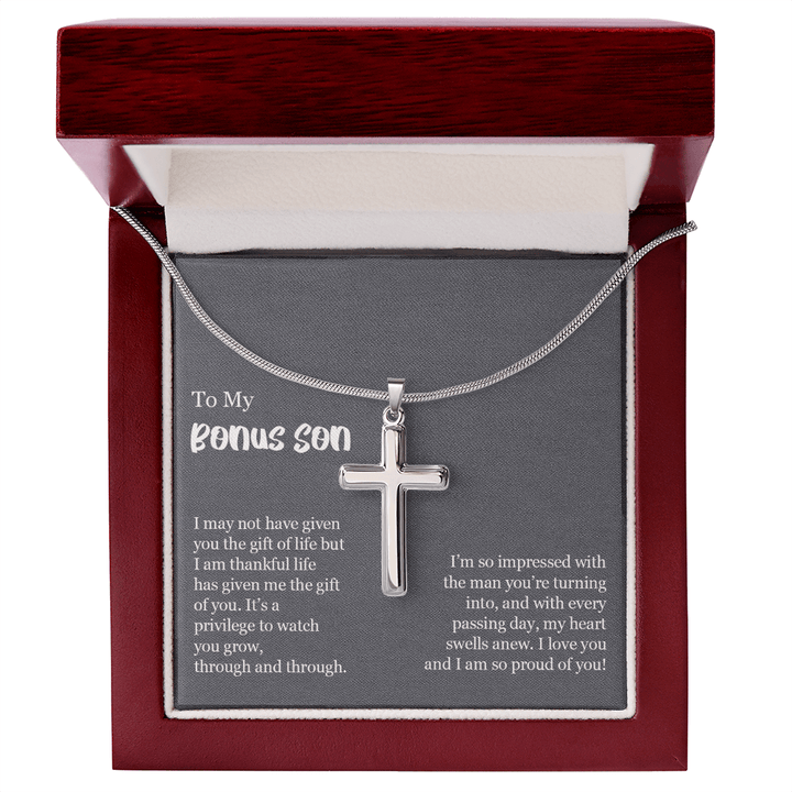 To My Bonus Son Gift - Artisan Cross Necklace with Snake Chain - "So Proud of You" - The Love Sparkle