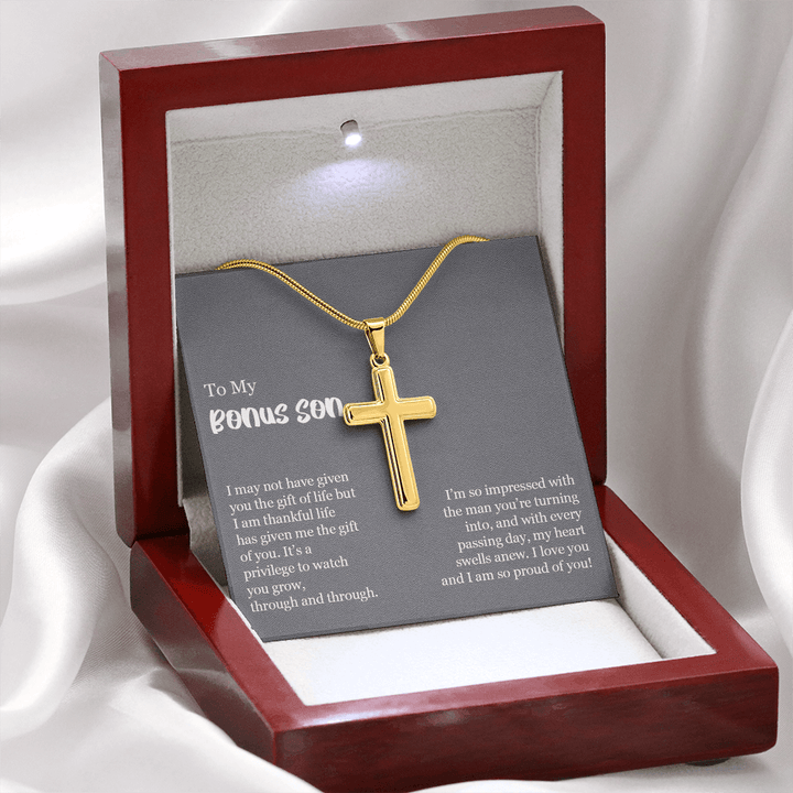 To My Bonus Son Gift - Artisan Cross Necklace with Snake Chain - "So Proud of You" - The Love Sparkle