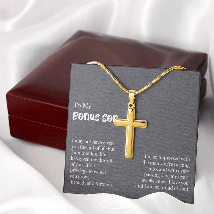 To My Bonus Son Gift - Artisan Cross Necklace with Snake Chain - "So Proud of You" - The Love Sparkle