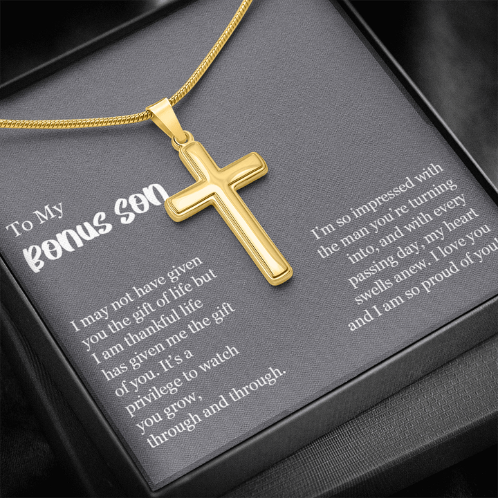 To My Bonus Son Gift - Artisan Cross Necklace with Snake Chain - "So Proud of You" - The Love Sparkle