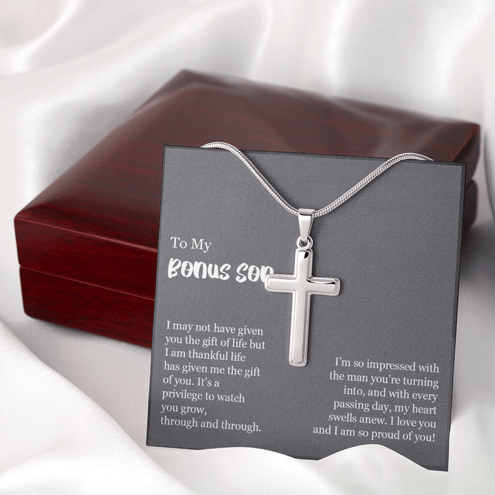 To My Bonus Son Gift - Artisan Cross Necklace with Snake Chain - "So Proud of You" - The Love Sparkle