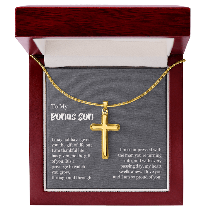 To My Bonus Son Gift - Artisan Cross Necklace with Snake Chain - "So Proud of You" - The Love Sparkle