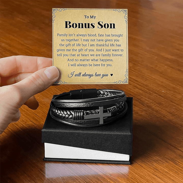 To My Bonus Son - Men's Cross Bracelet - he will always be loved. - The Love Sparkle