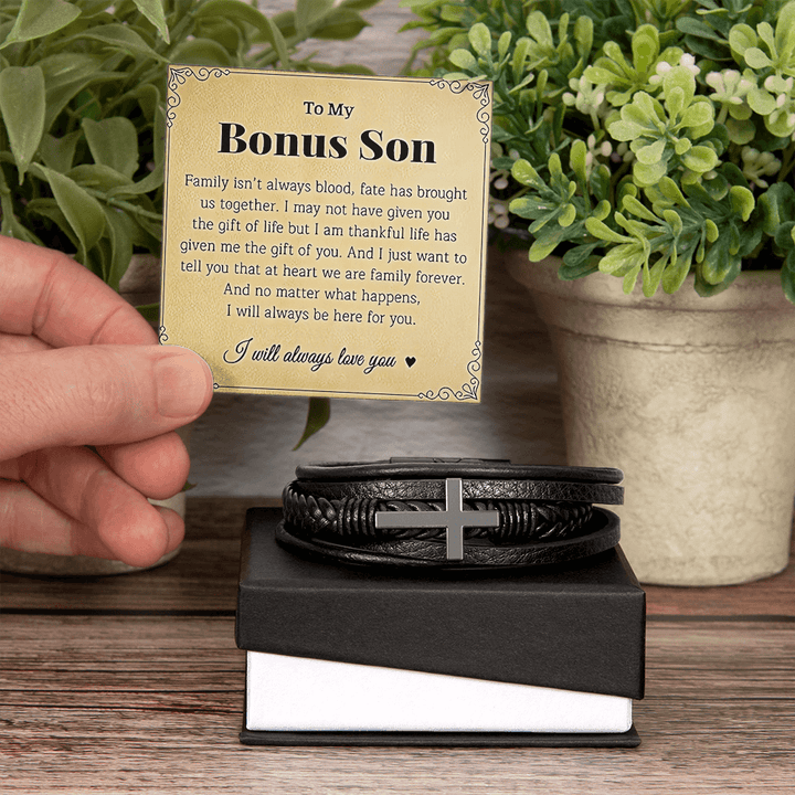 To My Bonus Son - Men's Cross Bracelet - he will always be loved. - The Love Sparkle