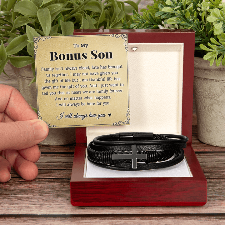 To My Bonus Son - Men's Cross Bracelet - he will always be loved. - The Love Sparkle