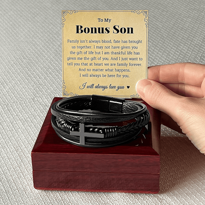 To My Bonus Son - Men's Cross Bracelet - he will always be loved. - The Love Sparkle