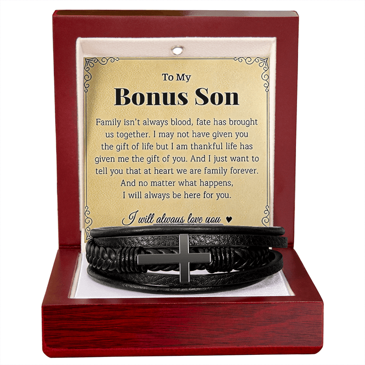 To My Bonus Son - Men's Cross Bracelet - he will always be loved. - The Love Sparkle