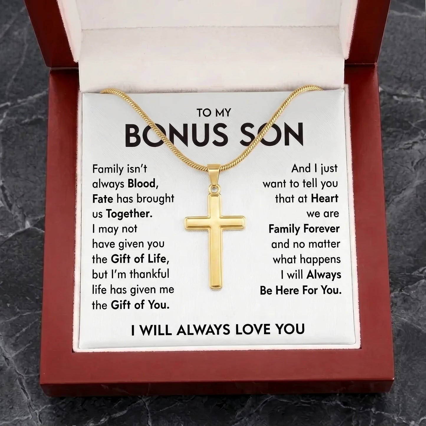 "To My Bonus Son" Personalized Cross Necklace – Meaningful Keepsake Gift - The Love Sparkle