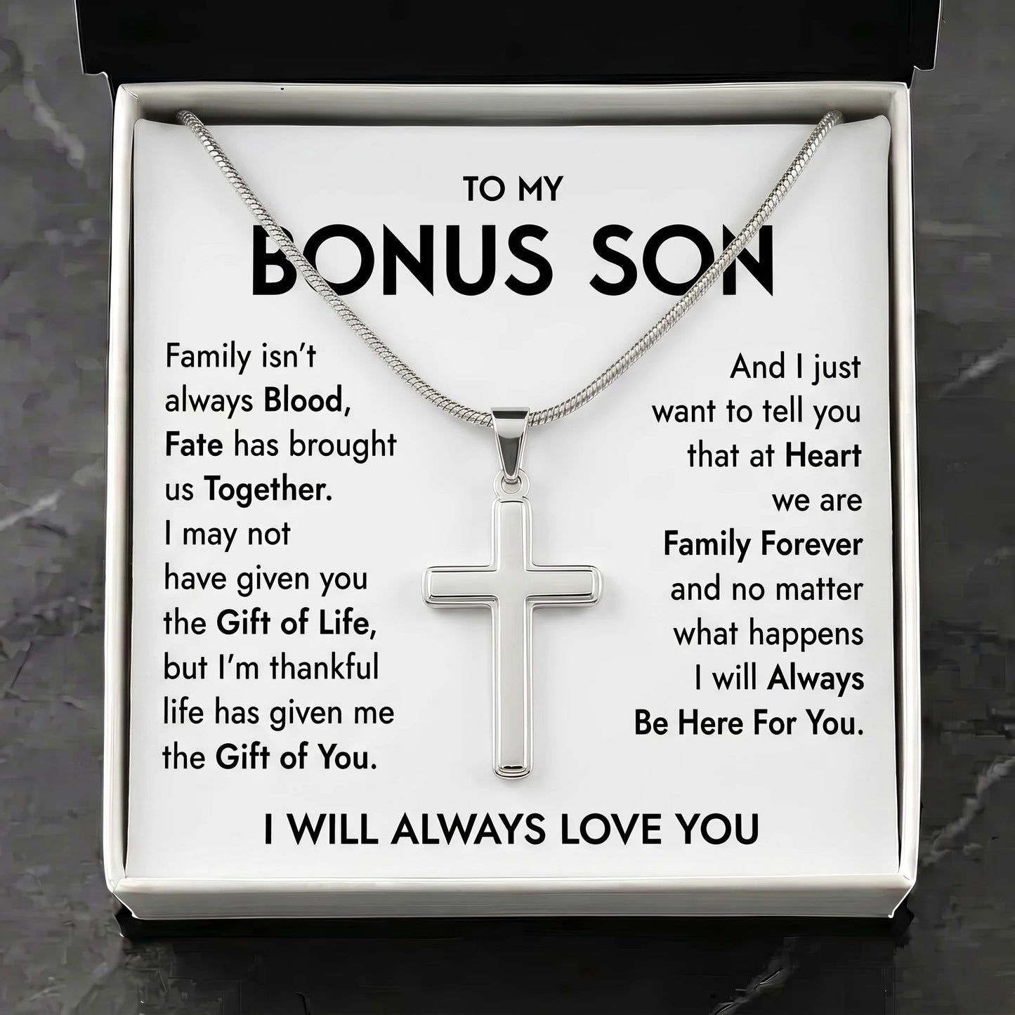 "To My Bonus Son" Personalized Cross Necklace – Meaningful Keepsake Gift - The Love Sparkle