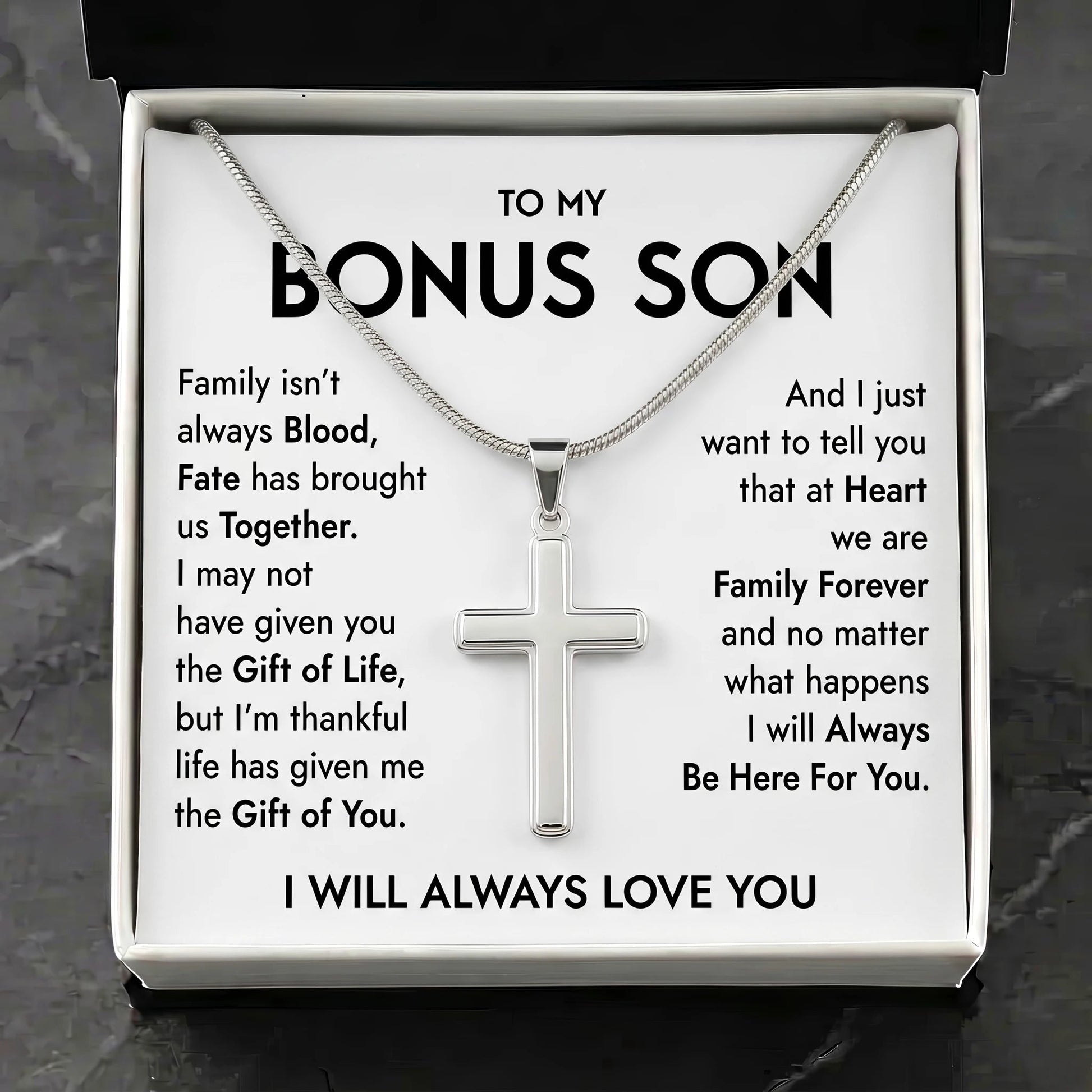 "To My Bonus Son" Personalized Cross Necklace – Meaningful Keepsake Gift - The Love Sparkle