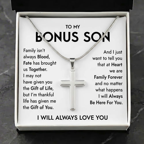 "To My Bonus Son" Personalized Cross Necklace – Meaningful Keepsake Gift - The Love Sparkle