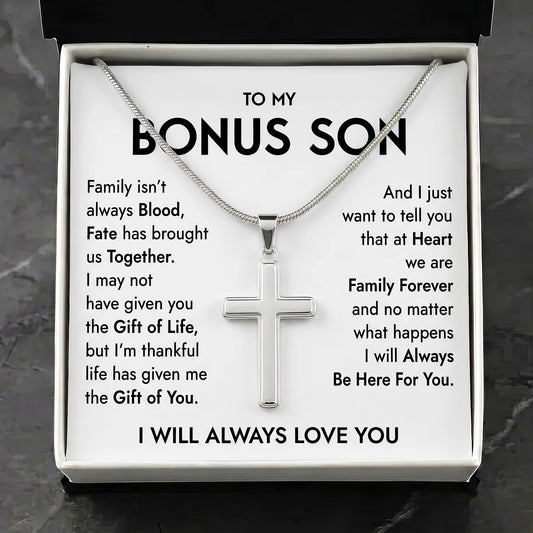 "To My Bonus Son" Personalized Cross Necklace – Meaningful Keepsake Gift - The Love Sparkle
