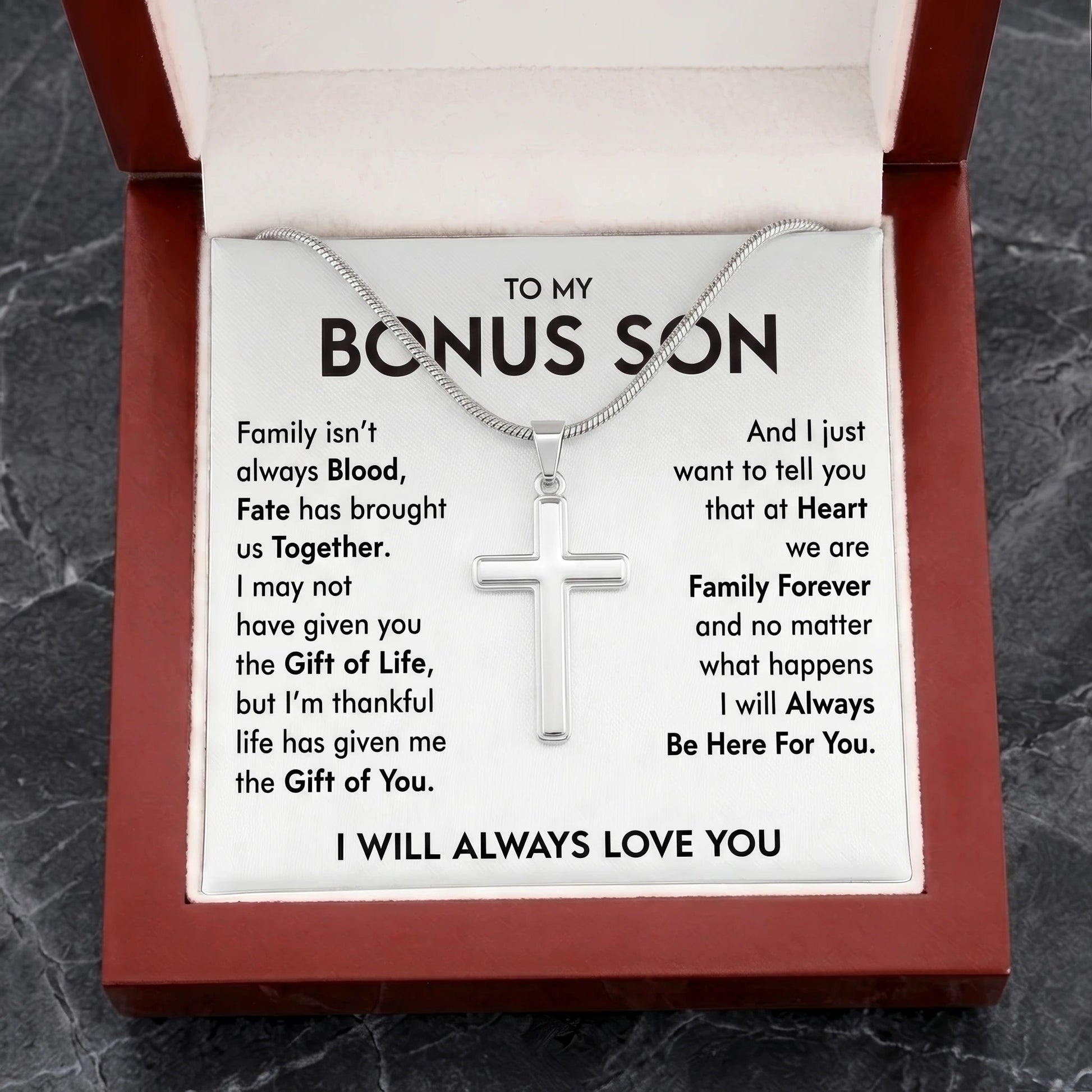 "To My Bonus Son" Personalized Cross Necklace – Meaningful Keepsake Gift - The Love Sparkle
