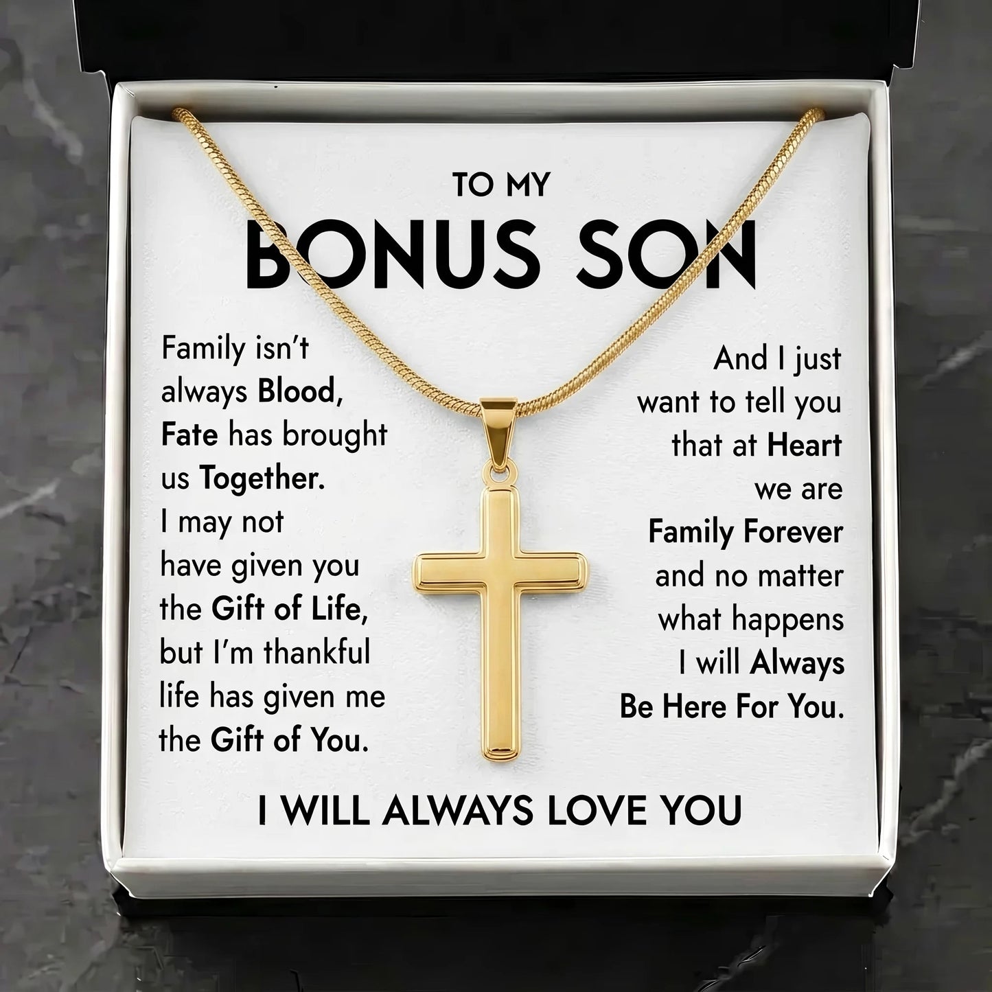"To My Bonus Son" Personalized Cross Necklace – Meaningful Keepsake Gift - The Love Sparkle
