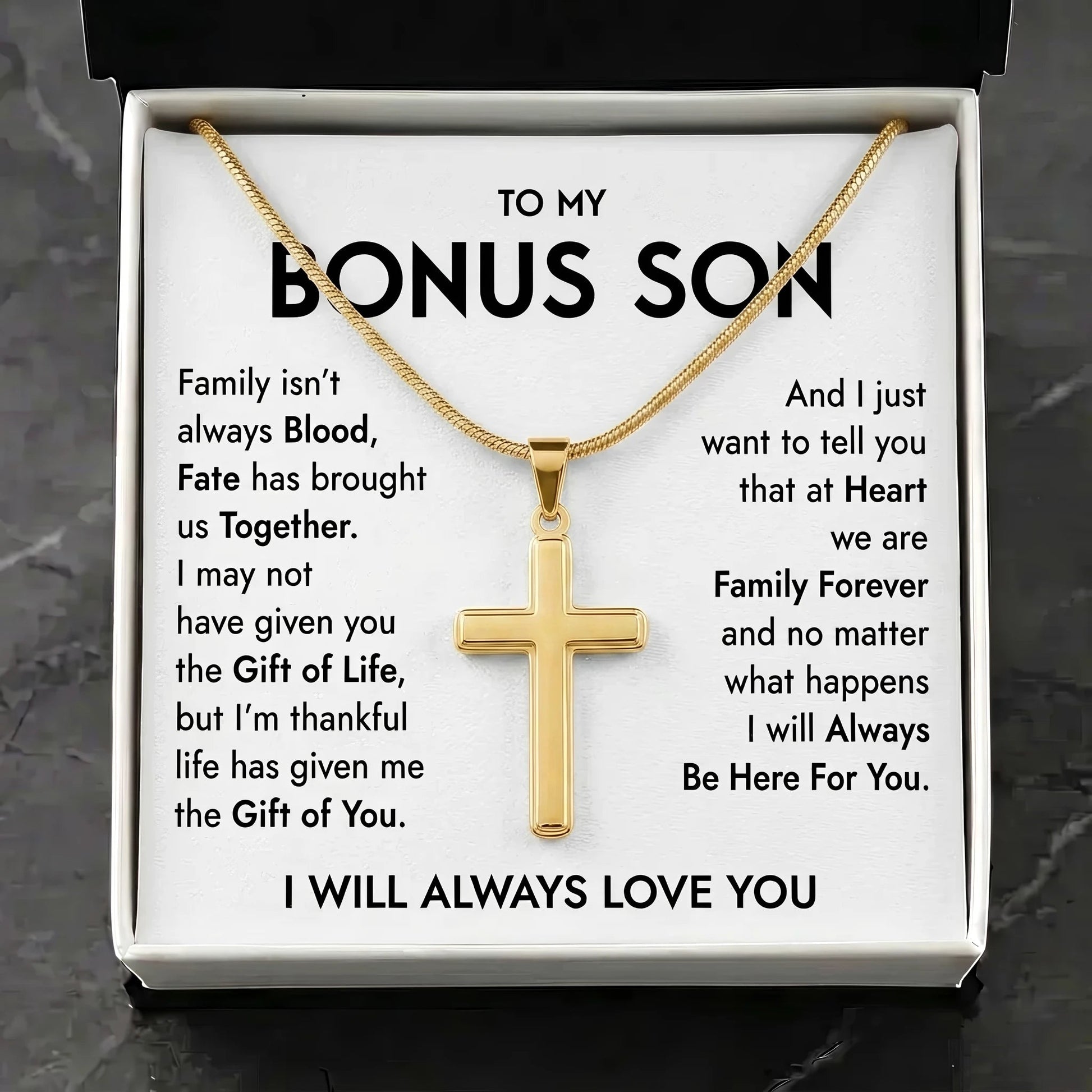 "To My Bonus Son" Personalized Cross Necklace – Meaningful Keepsake Gift - The Love Sparkle