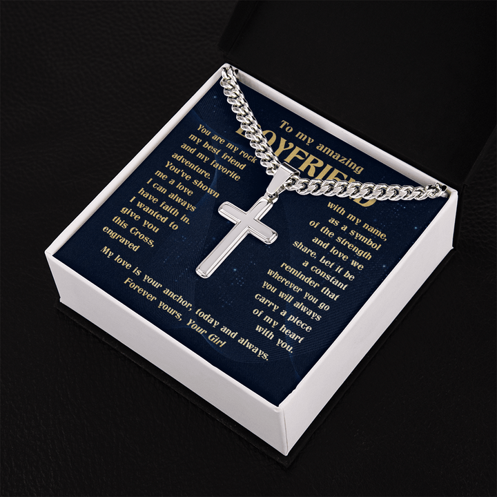 To My Boyfriend - Engraved Cross Necklace with Cuban Link Chain - The Love Sparkle