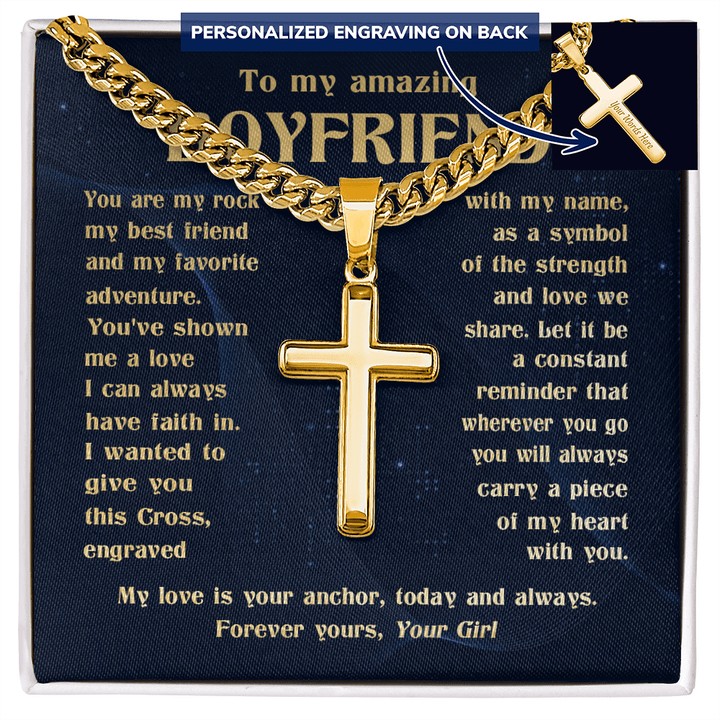 To My Boyfriend - Engraved Cross Necklace with Cuban Link Chain - The Love Sparkle