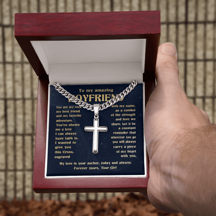 To My Boyfriend - Engraved Cross Necklace with Cuban Link Chain - The Love Sparkle