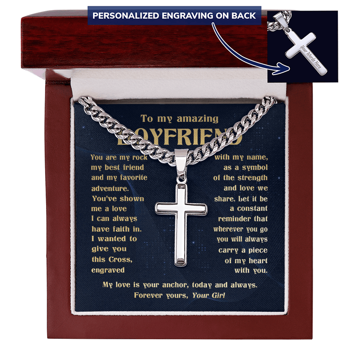 To My Boyfriend - Engraved Cross Necklace with Cuban Link Chain - The Love Sparkle