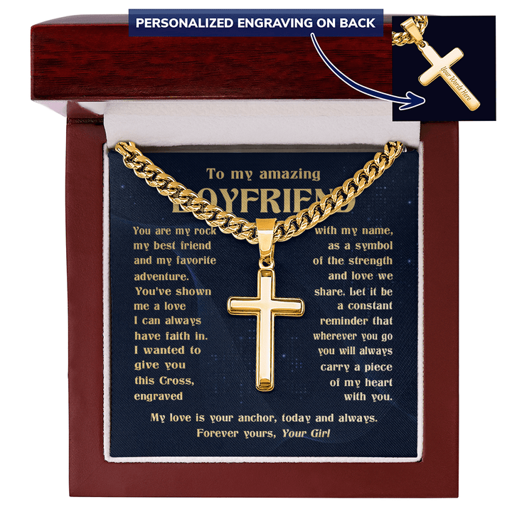 To My Boyfriend - Engraved Cross Necklace with Cuban Link Chain - The Love Sparkle