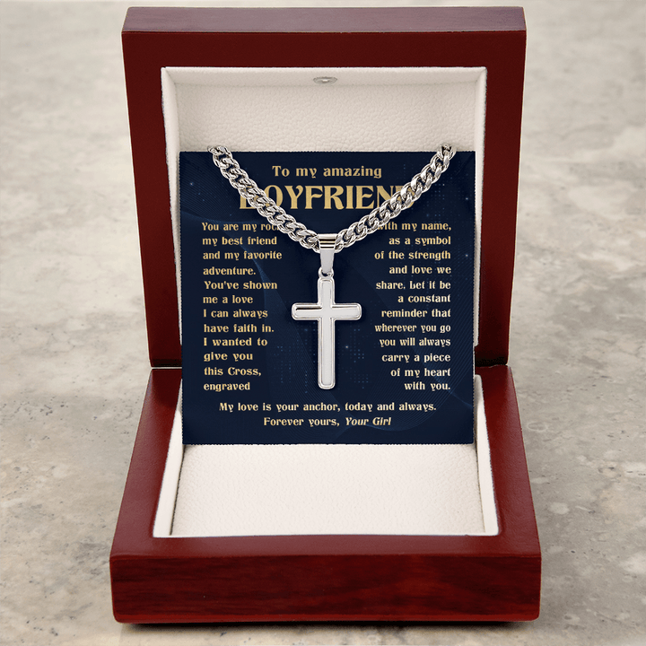 To My Boyfriend - Engraved Cross Necklace with Cuban Link Chain - The Love Sparkle