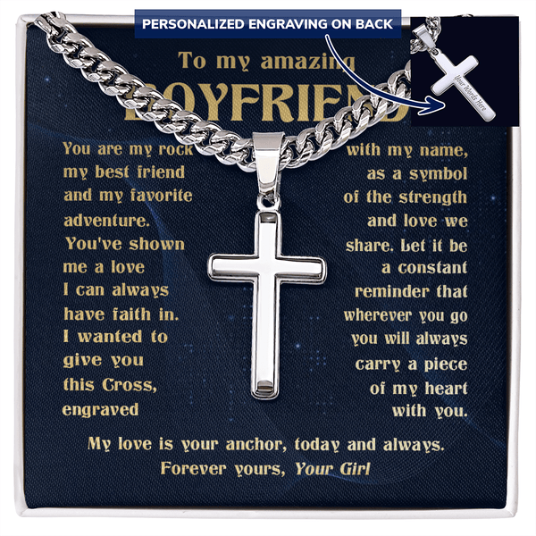 To My Boyfriend - Engraved Cross Necklace with Cuban Link Chain - The Love Sparkle