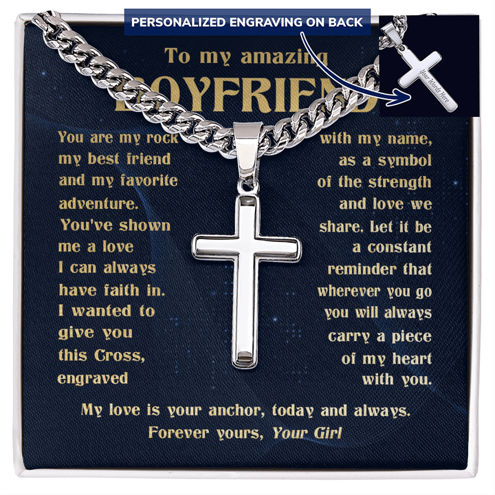 To My Boyfriend - Engraved Cross Necklace with Cuban Link Chain - The Love Sparkle