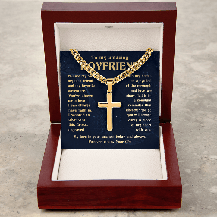 To My Boyfriend - Engraved Cross Necklace with Cuban Link Chain - The Love Sparkle