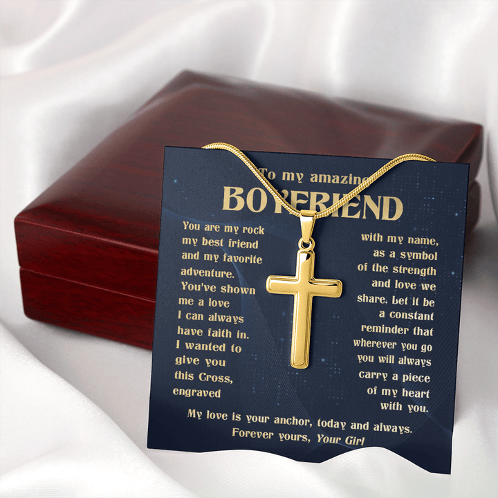 To My Boyfriend - Engraved Cross Necklace with Snake Chain - The Love Sparkle