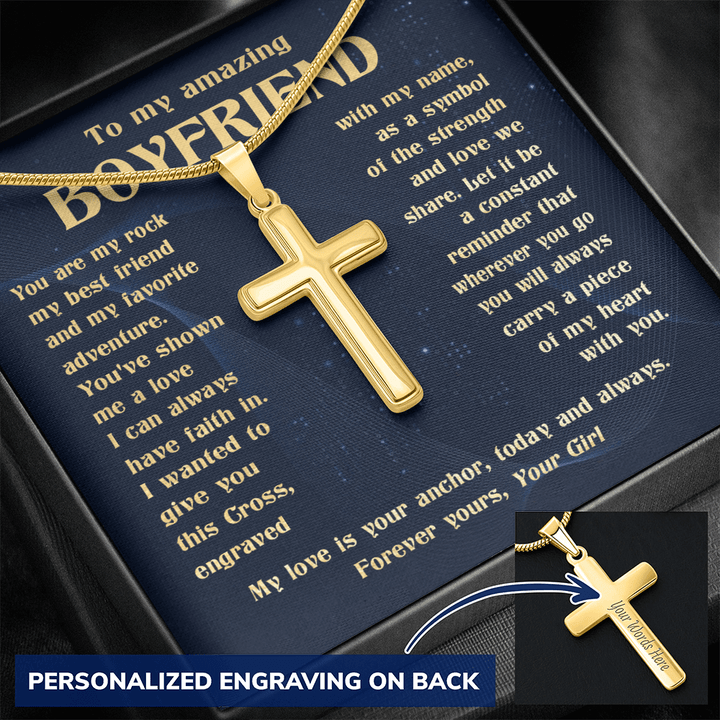 To My Boyfriend - Engraved Cross Necklace with Snake Chain - The Love Sparkle