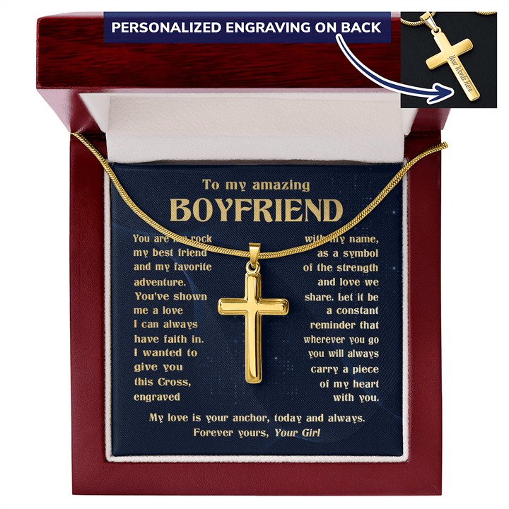 To My Boyfriend - Engraved Cross Necklace with Snake Chain - The Love Sparkle