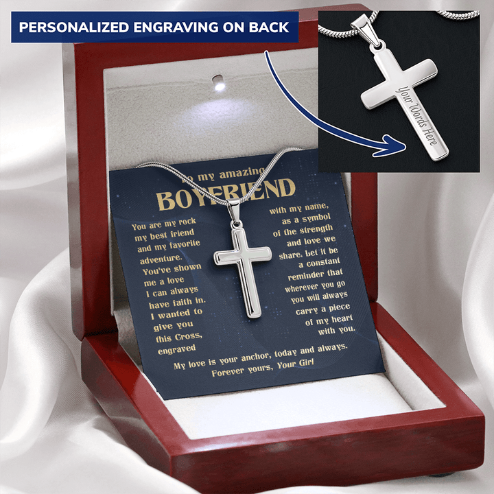 To My Boyfriend - Engraved Cross Necklace with Snake Chain - The Love Sparkle