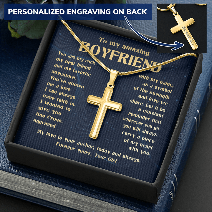 To My Boyfriend - Engraved Cross Necklace with Snake Chain - The Love Sparkle