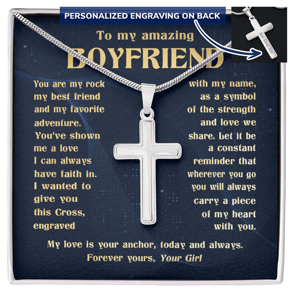 To My Boyfriend - Engraved Cross Necklace with Snake Chain - The Love Sparkle