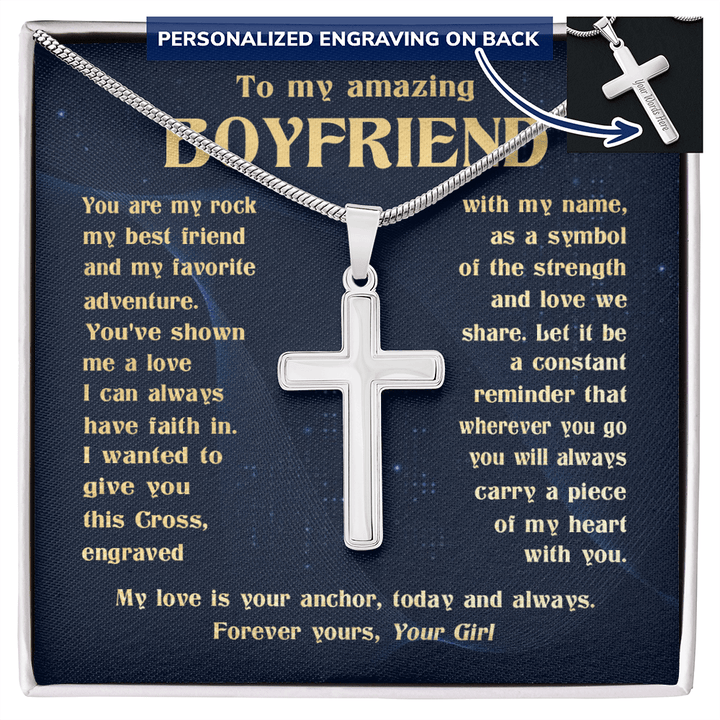 To My Boyfriend - Engraved Cross Necklace with Snake Chain - The Love Sparkle